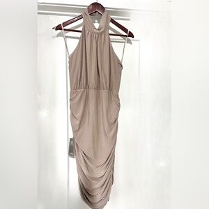 Le Chateau Tan Ruched Halter Bodycon Dress - NEW W/Tags